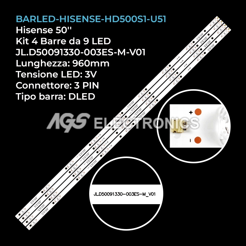 KIT 4 BARRES STRIP 9 LED TV HISENSE JL.D50091330 003ES M V01 HD500S1U51