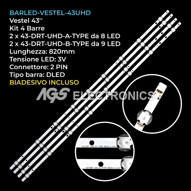 KIT 4 BARRE STRIP LED TV VESTEL 43-DRT-UHD-A/B VES430QNDL2D TOSHIBA 43LV3A63DB - Afbeelding 1 van 1